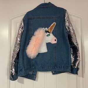 Girl size 6 denim jacket with sequin sleeves & unicorn back